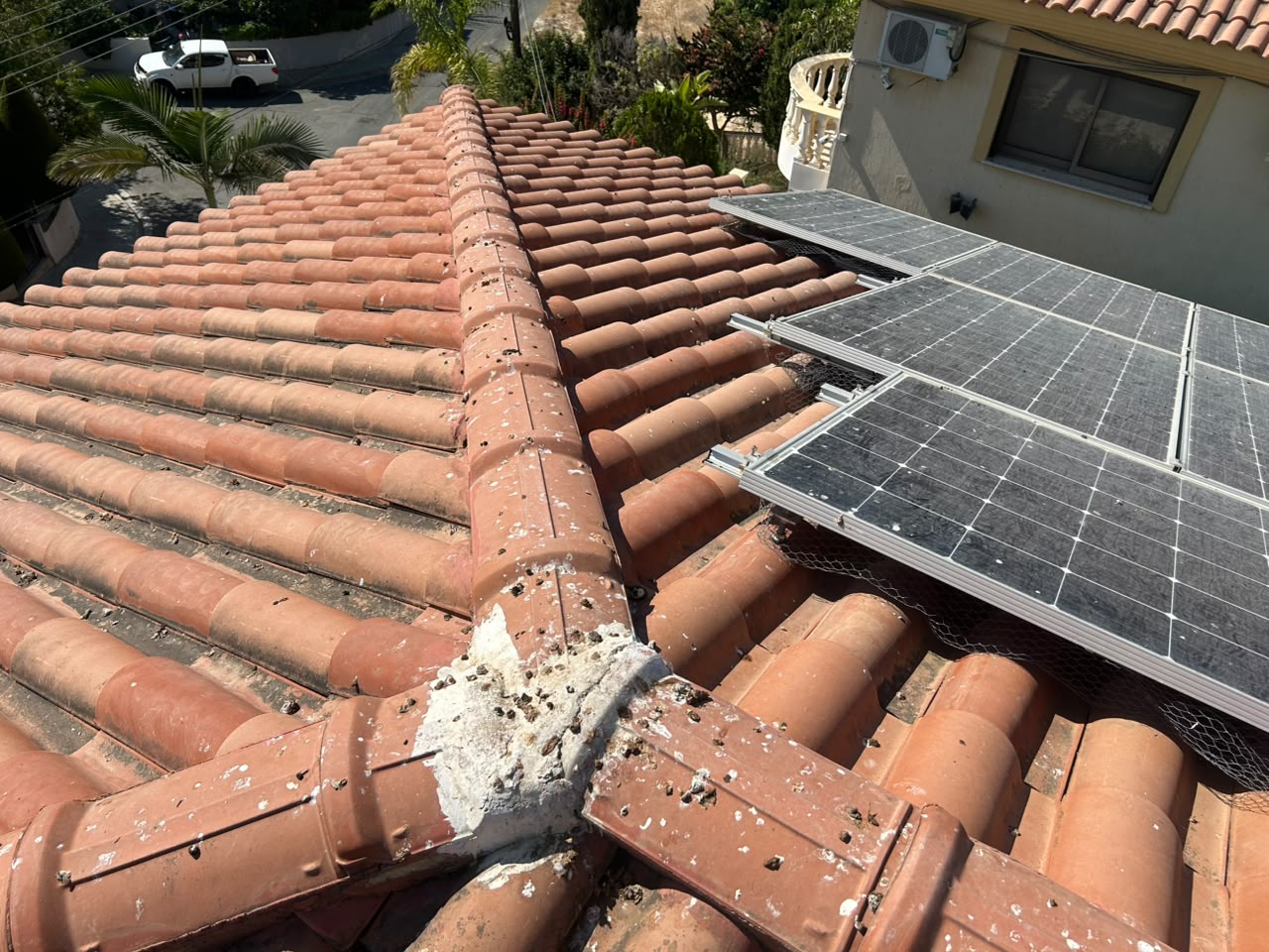 Terracotta tile roof in Cyprus before cleaning, with algae and bird mess on the ridge tiles